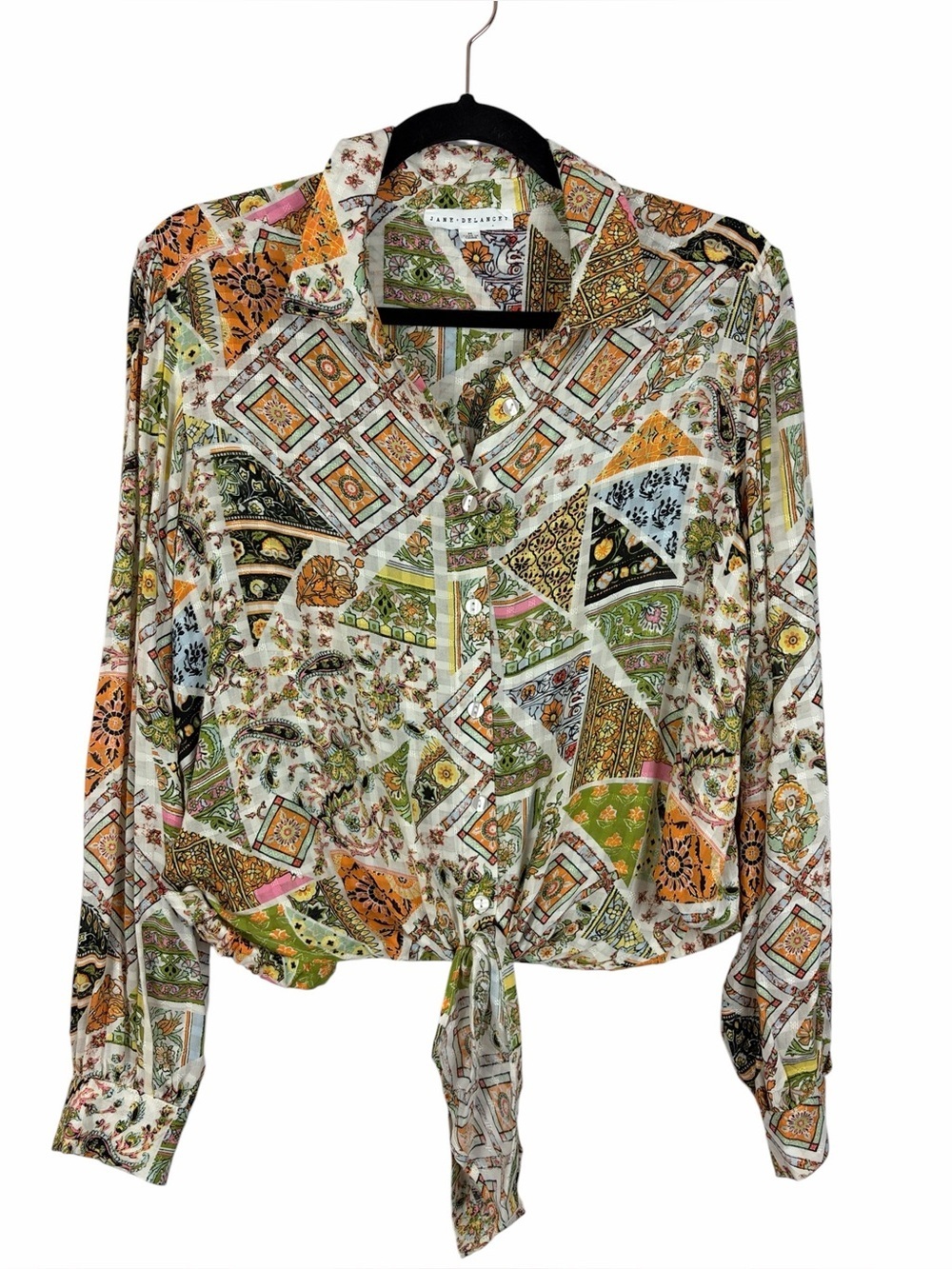 Jane + Delancey Patchwork Tie Front Blouse Boho Scarf Print Button Up Medium